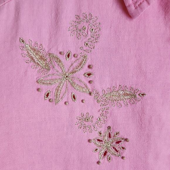 Erika Woman Pink Short Sleeve Button Front Top Size 1X Gold Embroidery Beaded - Picture 7 of 13